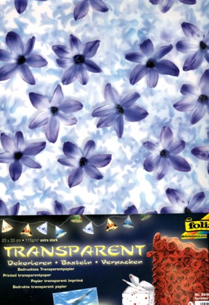 Průhledný papír s potiskem- Modré květiny 5 ks