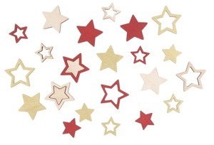 Hvězda dřevěná červená, zlatá a přírodní 2,5 cm 12